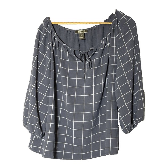 NYCC Navy Plus Size Blue 3/4 Sleeves Tie Front Blouse 2X Nautical‎ Beachy Career - Picture 1 of 5